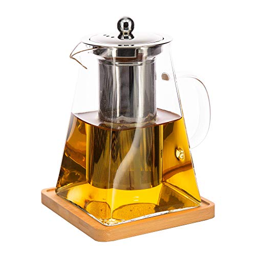 Sleek Square Glass Teapot (30oz) with Removable Infuser, Teapot & Infuser Coaster