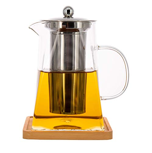 Sleek Square Glass Teapot (30oz) with Removable Infuser, Teapot & Infuser Coaster