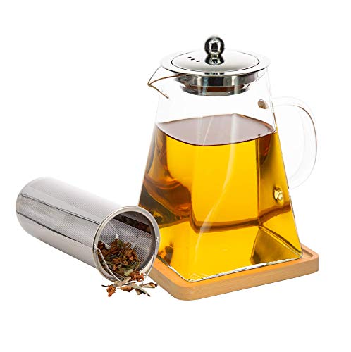 Sleek Square Glass Teapot (30oz) with Removable Infuser, Teapot & Infuser Coaster