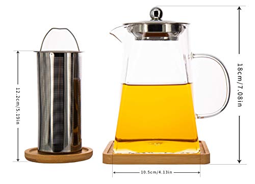Sleek Square Glass Teapot (30oz) with Removable Infuser, Teapot & Infuser Coaster